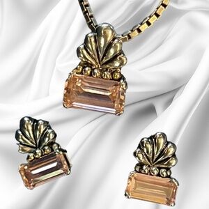 Sterling Silver 925 Box Chain with  Pink Sapphire Pendant and Earrings Set 925